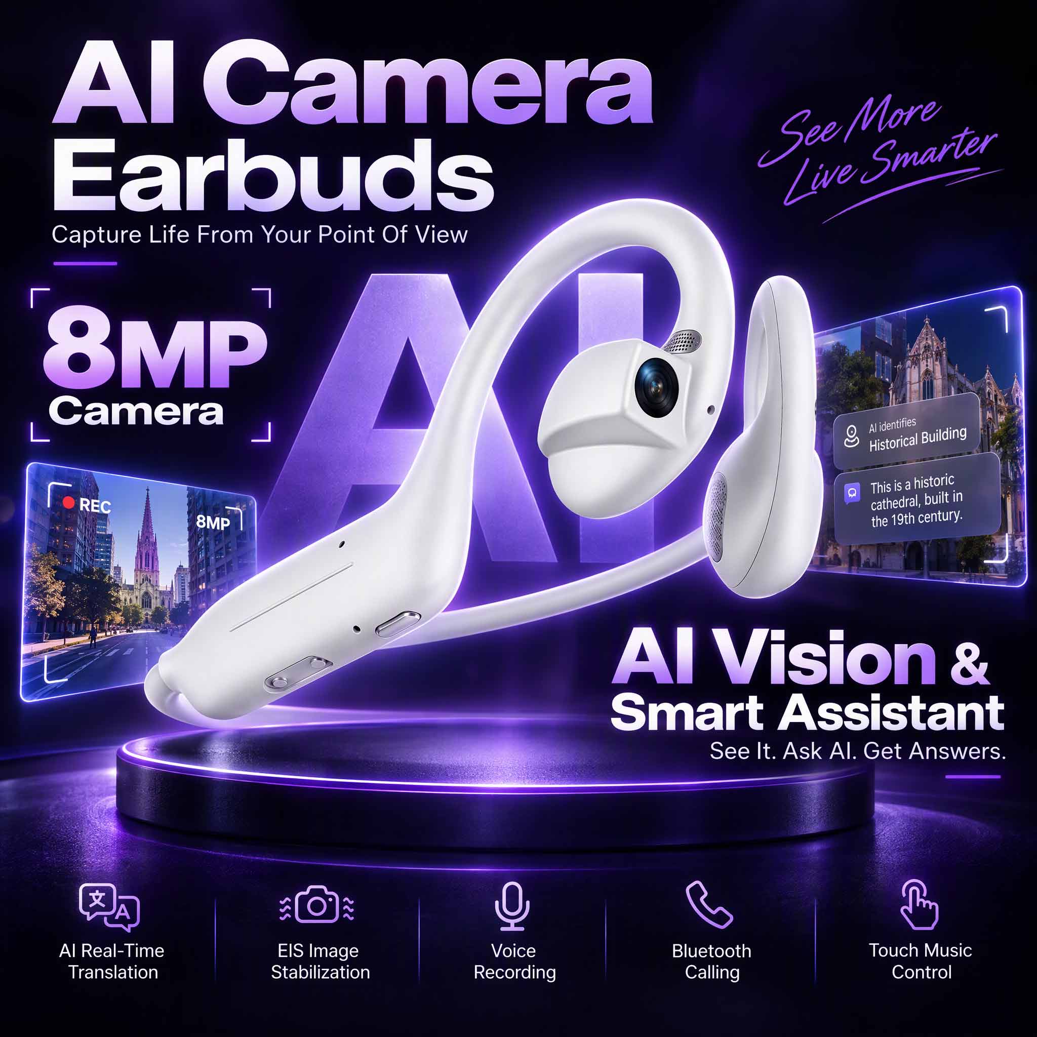 최신 인공지능 스마트 카메라 이어폰: 8MP HD 카메 - Wireless Charger 리뷰 및 가격
